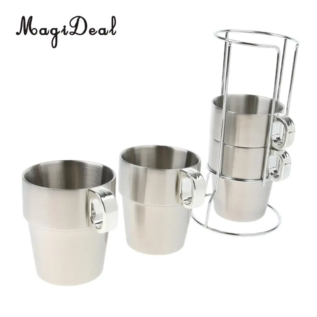 Stainless Steel Cups Water Tea Coffee Mugs with Stackable Rack Holder Outdoor Camping Hiking Picnic Bar Home Use