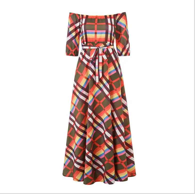 Африканские платья для женщин, новинка,, популярные цветные Бронзовые женские вечерние платья, длинное платье с плоским плечом для молодых девушек - Цвет: Многоцветный