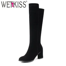 WETKISS/лаконичные женские черные сапоги до колена; элегантные женские сапоги из флока на высоком каблуке; короткие плюшевые зимние сапоги; женские сапоги на молнии