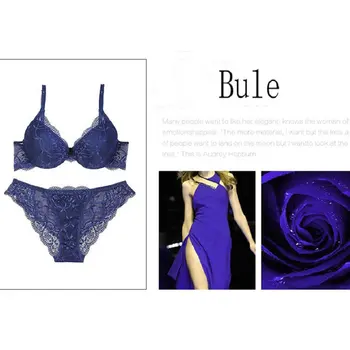

Hot Sexy Push Up Bra Set Brand Deep V Brassiere Thick Cotton Women Underwear Set Lace Blue Embroidery Flowers Lingerie A B C Cup