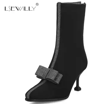

Lsewilly New Women Autumn Bowtie Thin Heels Boots Shoes Woman Ankle boots black beige gray Shoes Boots Large Size 34-46 E114