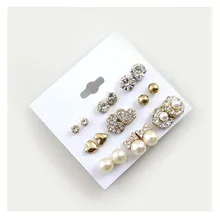 

9 pairs / set earring Fashion Elegant Shining gold Color heart crystal pearl Flower earrings Cute Super Value earrings sets
