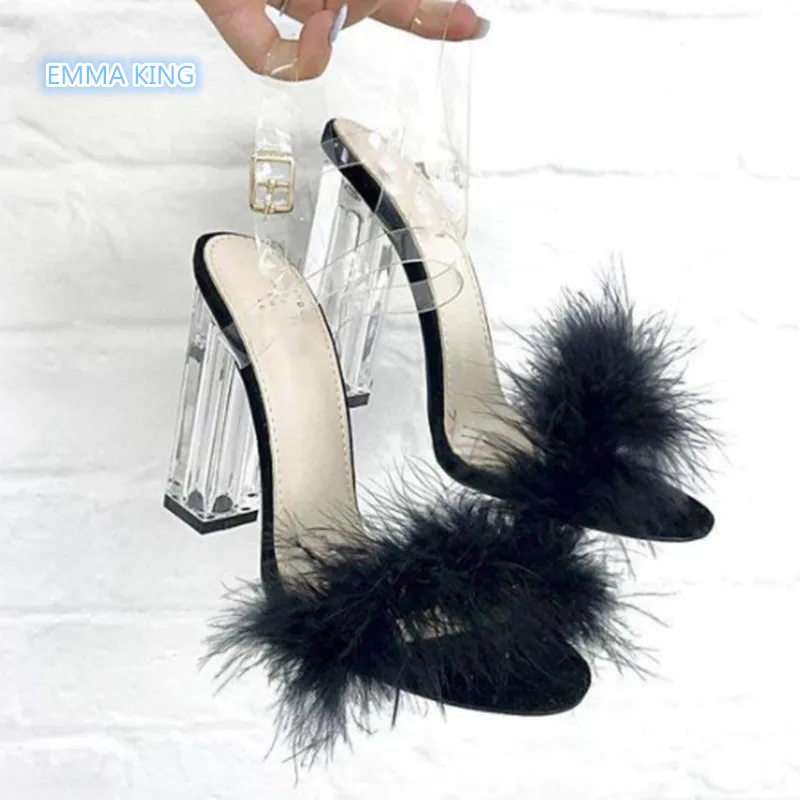 

EMMA KING Summer PVC Film Clear Heels Women Sandals Feather Square High Heels Sexy Sandalias Mujer Open Toe Buckle Ladies Shoes
