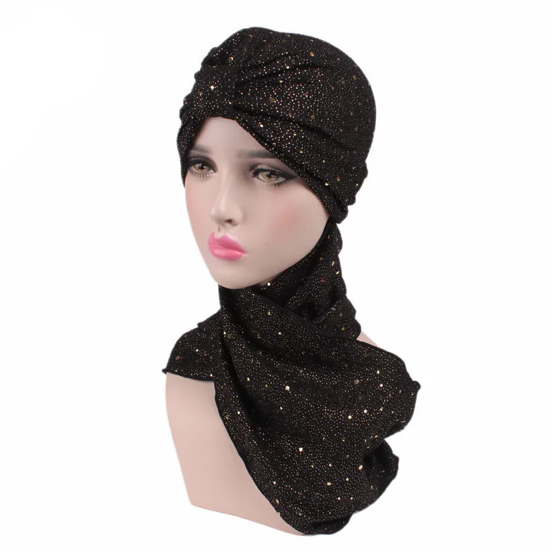 Высокое качество, модные женские мусульманские шляпы, шарф, расшитый блестками, тюрбан, завязанная бандана, шапка s, женский шарф с оборками, арабский головной шарф