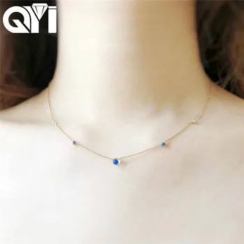 

QYI Women Gold Chain 18K Yellow Gold Necklace Real Natual Moonstone Blue Sapphire Diamond gift Valentine's Day Gift Link Chain