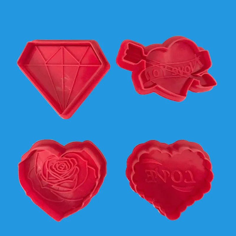 

4Pcs Valentine's Day Love Couple Rose Diamond Cake Plunger Mold Cookie Cutter Fondant Decoration Tools Sugarcraft