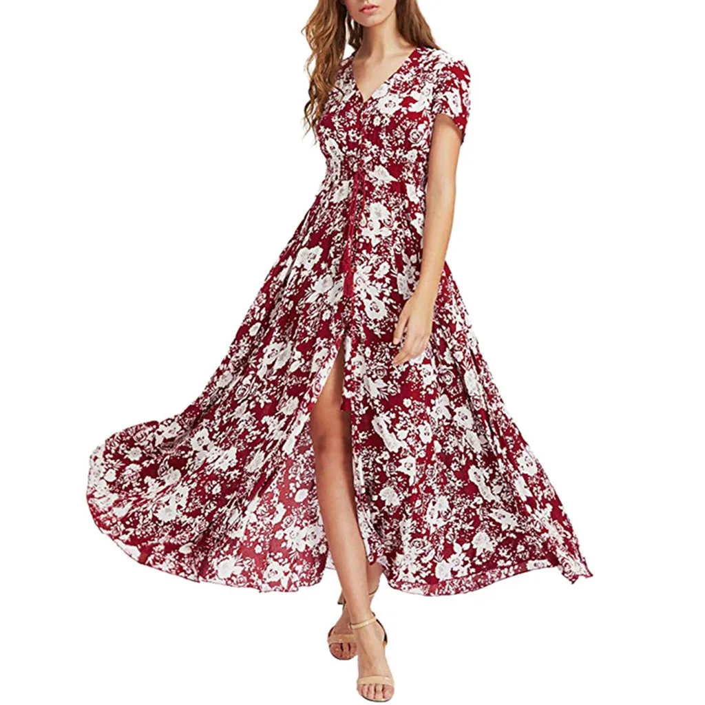 

Beach Holiday Cotton Sundress Boho Floral Pleated Long Dress Red 2019 Summer Sexy Deep V Neck vestidos de fiesta de noche #New