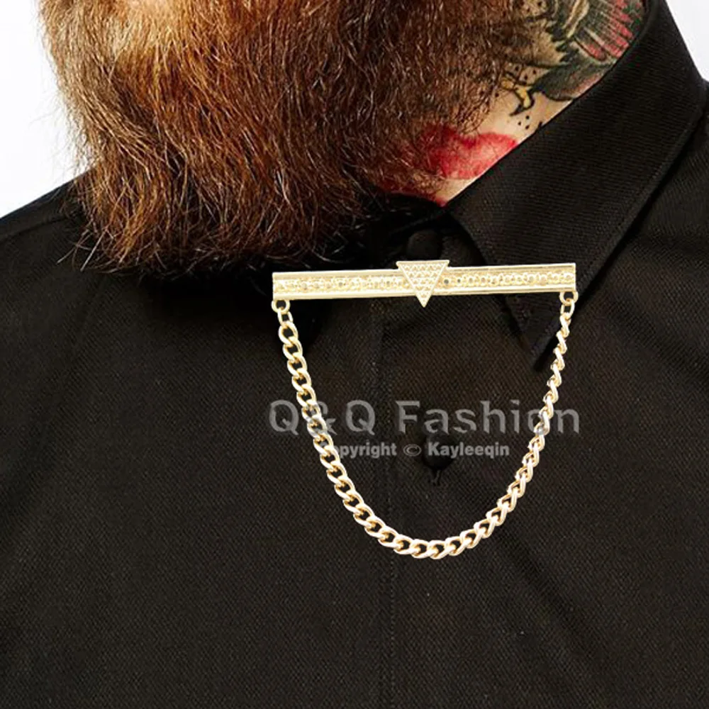Men Gold Triangle Dot Chain Shirt Collar Tie Bar Brooch Lapel Pin