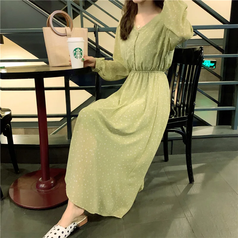 

dress female summer 2019 new retro dress small fresh over the knee long sleeve chiffon floral dress female m76