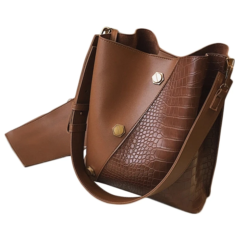 

2-In-1 Wide Strap Bucket Bags Women Leather Handbags Casual Tote Ladies Shoulder Bags(D Brown)