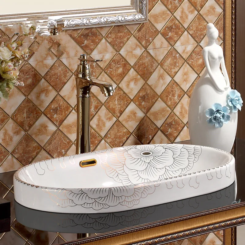 Handmade Artistic Rectangular Semi-Counter Washnasin With Overflow Ceramic Bathroom Sink Semi-Counter Sink handmade sink bowls (1)