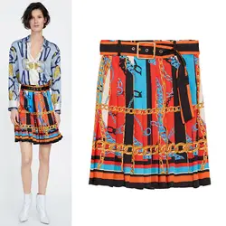 Новый TRAF L375 мода в Европе и ветер печати Ремень плиссированная юбка высотой талии цепи для женщин s юбки для