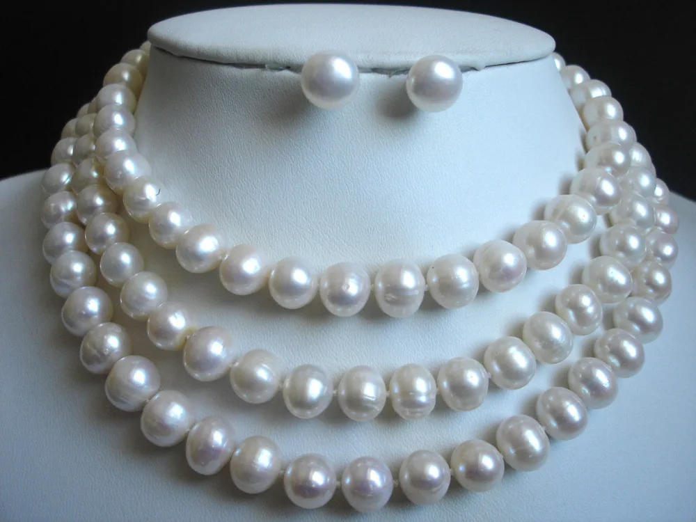 

9-10MM White Freshwater Cultured Pearl Necklace silver earrings set 50" ^^^@^Noble style Natural Fine jewe FREE SHIPPING