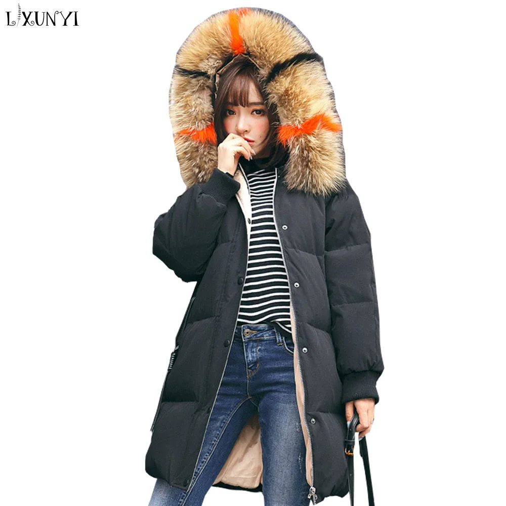 LXUNYI женские зимние парки с капюшоном натуральный Raccon меховой воротник длинные белые пуховики женские теплые зимние пуховики