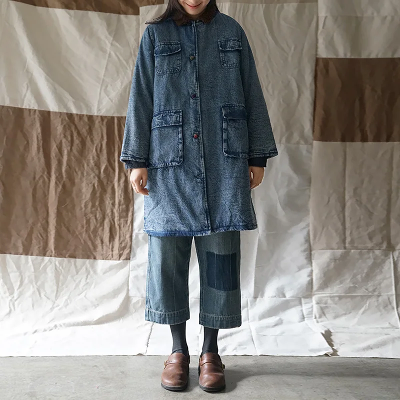 

Johnature Women Denim Coats Patchwork Button Parkas Vintage 2019 Winter New Long Sleeve Turn-down Collar Button Parkas Coats