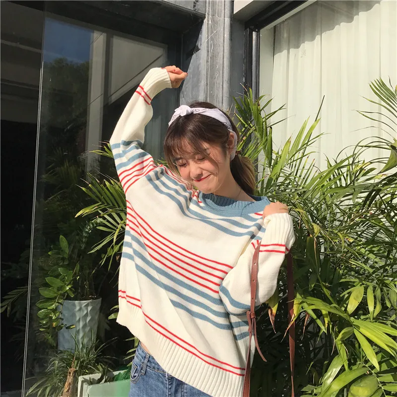 

2017 New Autumn Winter Keep Warm Women Striped Long Sleeve Sweater Ladies Loose Style Pullovers Women Casual O-Neck Sweater