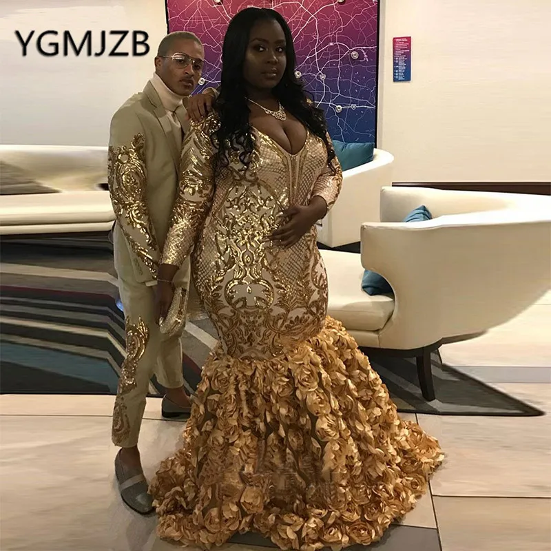 

Plus Size Gold Sequin African Mermaid Evening Dresses 2019 V-Neck Long Sleeve Flowers Skirt Black Girl Formal Prom Party Dress