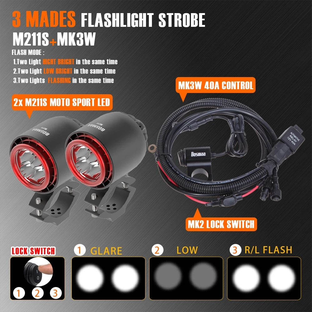 BOSMAA Turbo LED Headlight Spotlight Flash Strobe Light 20W 3400Lm White Motorcycle Fog DRL Headlam - 32873618304