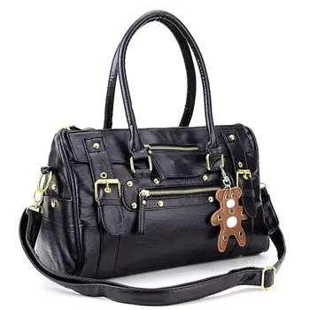 

NEWBRAND Sac a main porte main noir pour femmes cuir PU en rayure rocher ave un petit ours