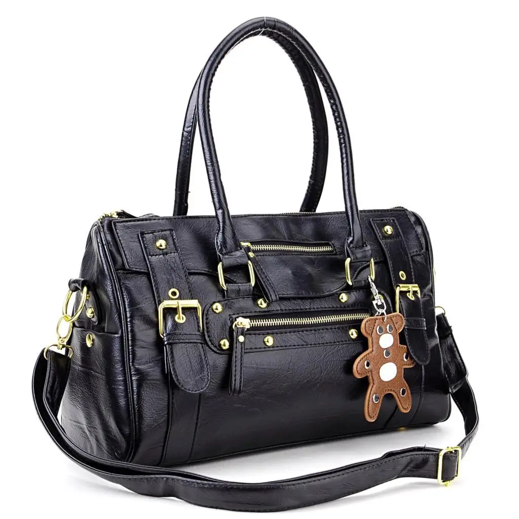 Новый бренд Sac a main porte noir pour femmes cuir PU en rayure rocher ave un petit ours | Багаж и сумки