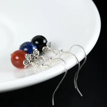 

Real 925 Sterling Silver Drop Earrings Natural Lapis Lazuli Black Red Onyx Round Stone Simple Earrings For Women Folk Style