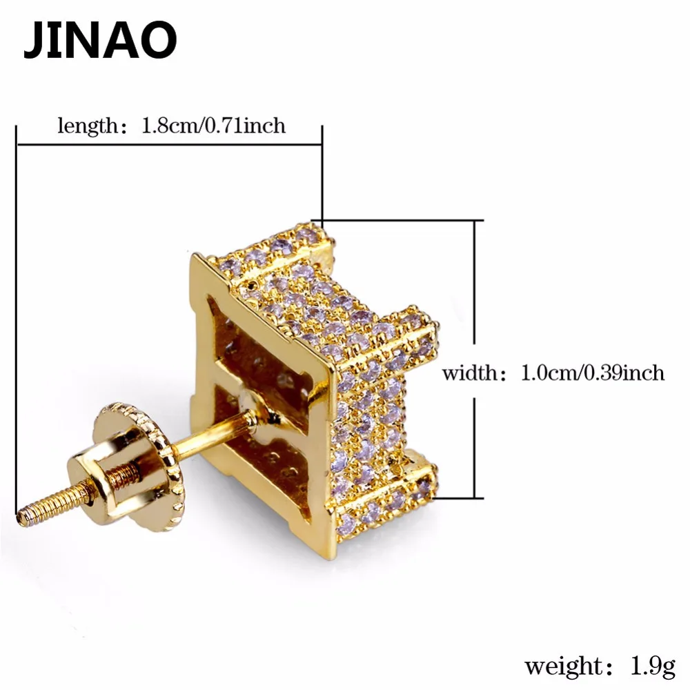 JINAO хип-хоп новые модные серьги-гвоздики со льдом золотого цвета с микро кубическим цирконием квадратные серьги-гвоздики для мужчин и женщин
