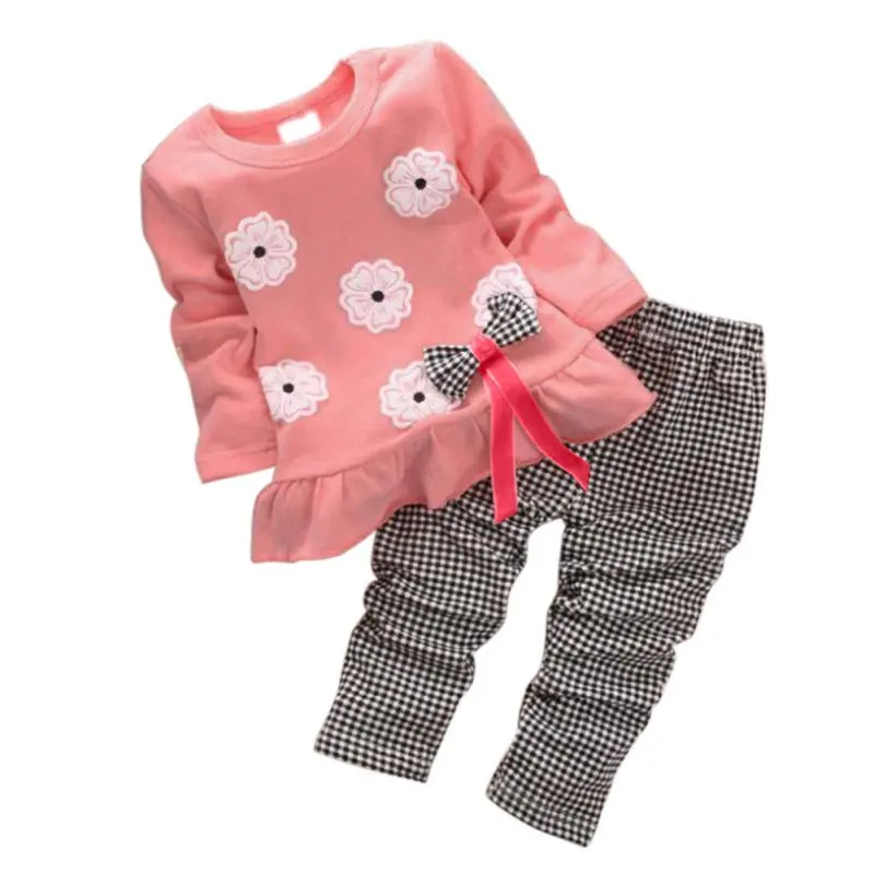 

Kids Girl Baby Clothes Set Infant Pullover Bow Tie Tops+Plaids & Checks Pants 2PCs Outfits Clothes Set