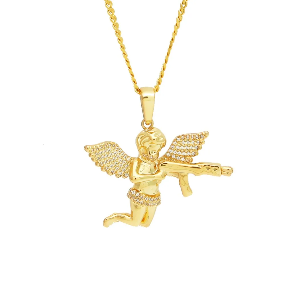 

Hip hop Silver/Gold Metallic Necklace Party Jewelry Angel carrying guns Pendant for Men as a gift Fashion Cool Accessories 2019