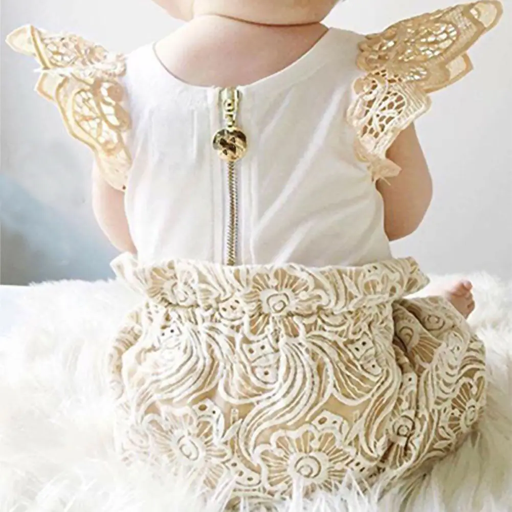 2pcs Baby Girls Clothes Outfits Lace Ruffles Sleeve Back Zipper Romper Tops+Bowknot Lace Floral Shorts Bloomers Shorts Set 0-18M