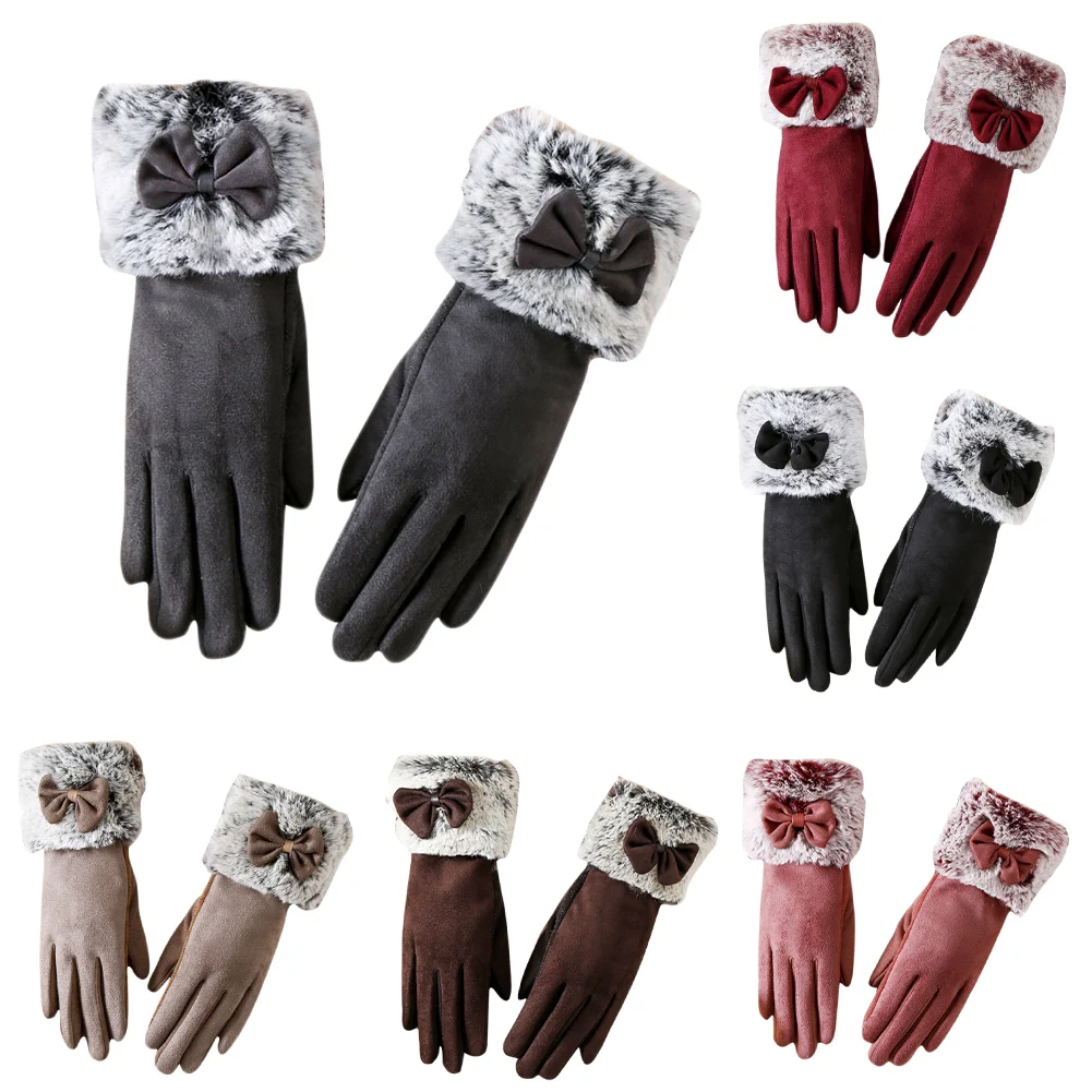 Модные Элегантные замшевые Для женщин перчатки зимние теплые вождения наручные бантом перчатки Женские варежки Guantes Mujer для Лыжный Спорт