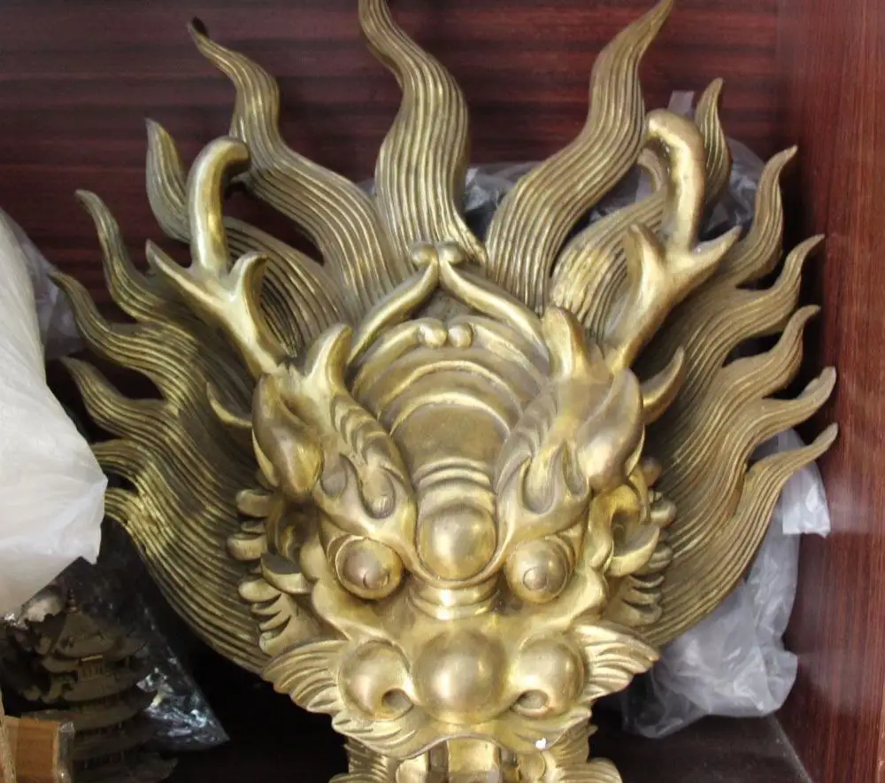 

21" Chinese Folk Bronze Gild Zodiac Year Dragon Loong Head Statue vizard mask