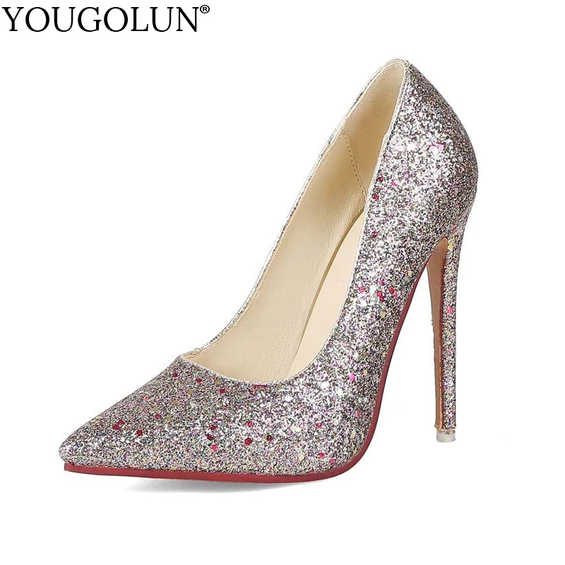 

YOUGOLUN Women Bling High Heels New Spring Autumn Thin Heel 12.5 cm Pumps Lady Pointed toe White Black Party Sexy Shoes #A-020