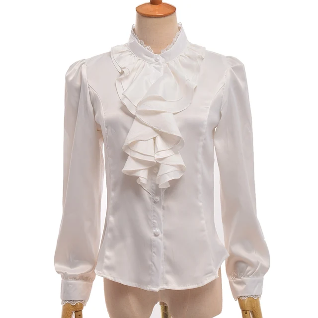 Women Victorian Long Sleeve Lace Flounce Blouse Button Down Ruffle