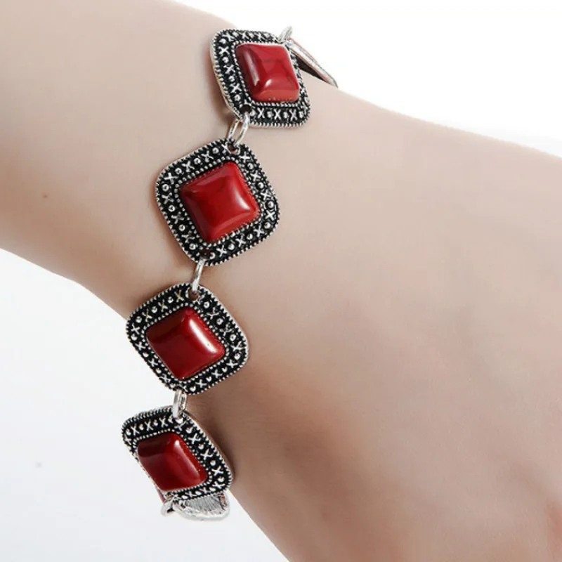 

Turquoise Bracelet Red Square Bracelet Silver Ethnic Pulseiras Para As Mulheres Geometric Rhombus Trendy Women Armband Damen