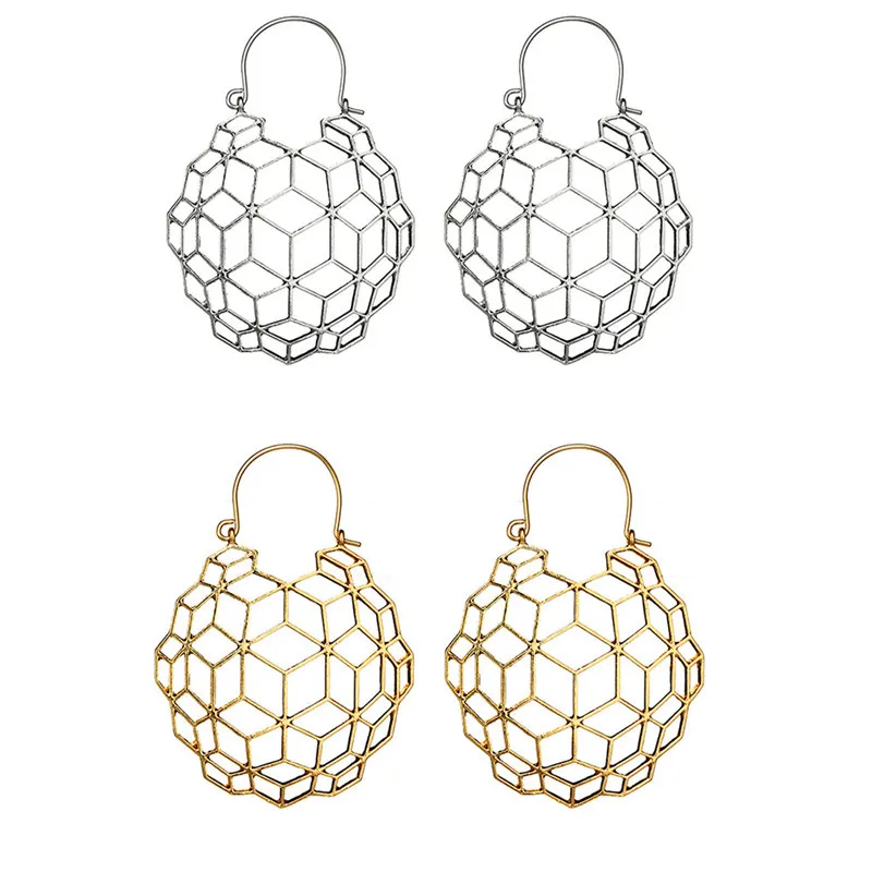 2019 Women Silver Stud Women Temperament Simple Retro Hive Hollow Pendant Orecchini Boucles D Oreille Femme Aretes De Mujer Y2# (2)