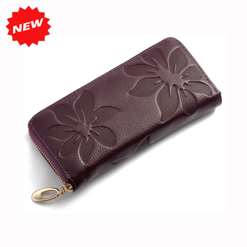 100% Genuine Cow Leather Wallets Women Fashion Flower Pattern Embossing Clutch Bag Long Zipper Purse Money Card Holder