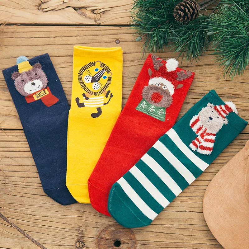 Caramella Christmas Socks New Year Gift autumn winter women red cute cartoon animal cotton socks ladies straight sock 4pair/lot