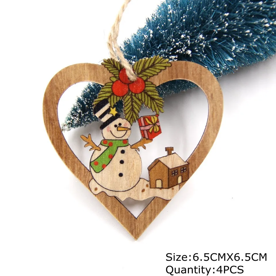 4PCS Star Printed Wooden Pendants Ornaments Xmas Tree Ornament DIY Wood Crafts Kids Gift for Home Christmas Party Decorations - Цвет: 4PCS Heart Snowman