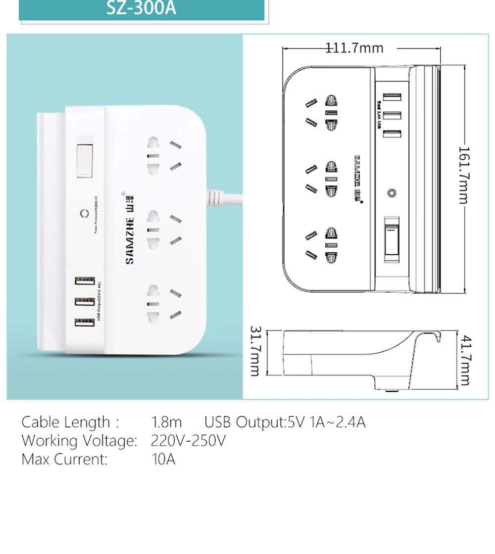 SAMZHE Power Strip Socket Portable Strip Plug Adapter with 3 USB Port Multifunctional Smart Home Electronics