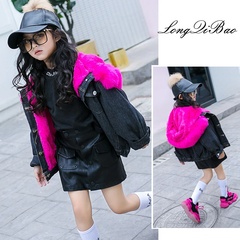 

2019 new autumn and winter big boy really fur collar Korean version of the shirt children's foreign girls plus velvet coat denim