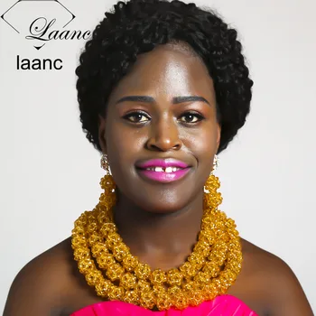 

Brand Laanc Nigerian Wedding African Beads Jewelry Set Crystal Gold Champagne Ball Beaded Big Necklaces AL321