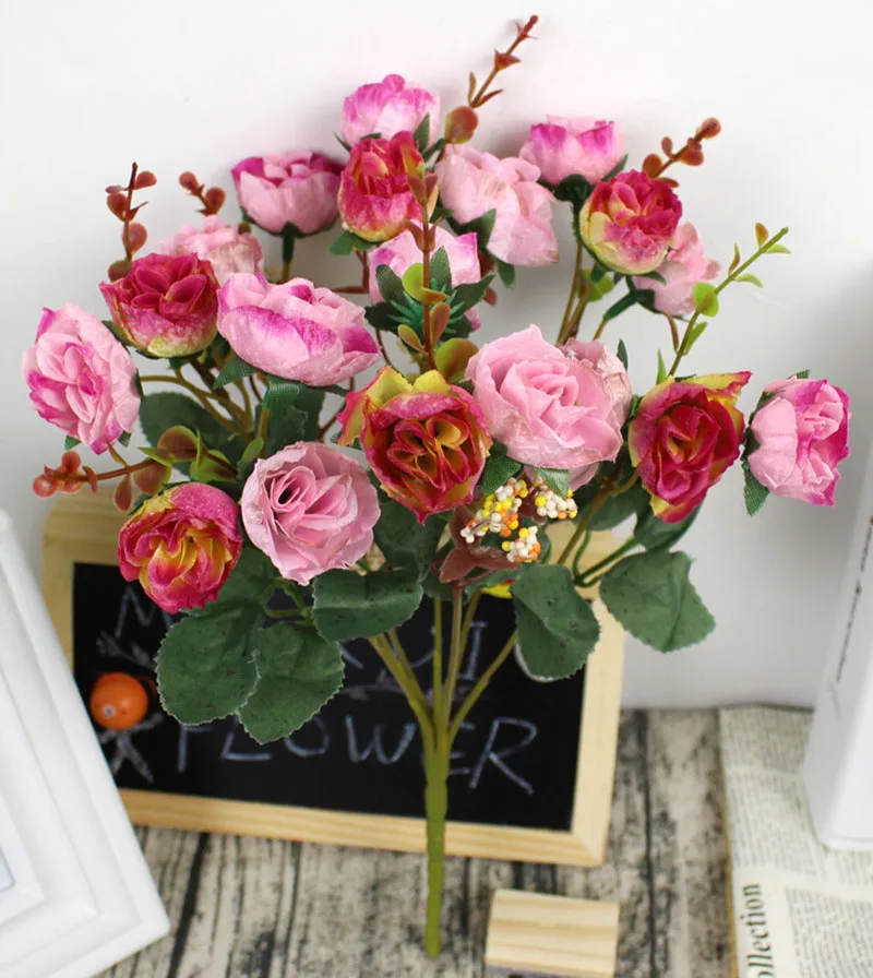 Flone Artificial Silk Rose Bouquet Fake Flowers Home Wedding Display Flower European Rose Small Bouquet Party Decoration (9)