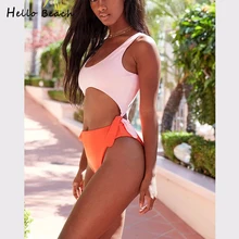 HELLO BEACH, сексуальный сдельный купальник, женский купальник, купальник с высокой посадкой, с принтом, пляжная одежда, с вырезами, монокини, купальник