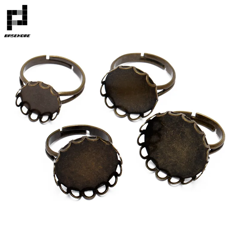 

BASEHOME 10pcs/lot Rings Cabochon Settings Flower Face Bezel Tray Adjust Ring Blank Base Fit 10-20mm Cabochon Cameo DIY Ring