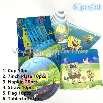 

61pcs/lot SpongeBob SquarePants Disposable Tableware Set Kids Birthday Baby Shower Paper Cup Plate Party Decoration Supplies
