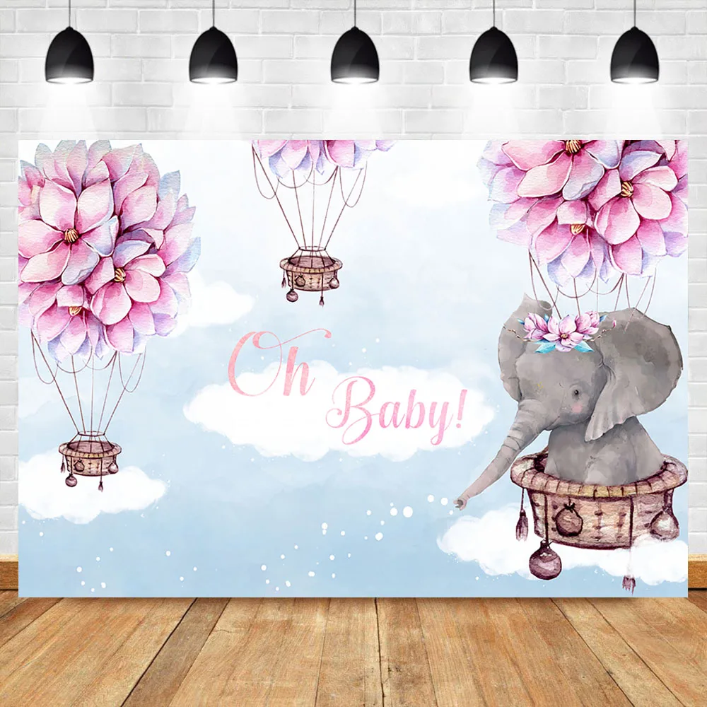 

NeoBack Elephant Newborn Baby Shower Photo Backdrop Custom Flower Hot Air Balloon Photography Background