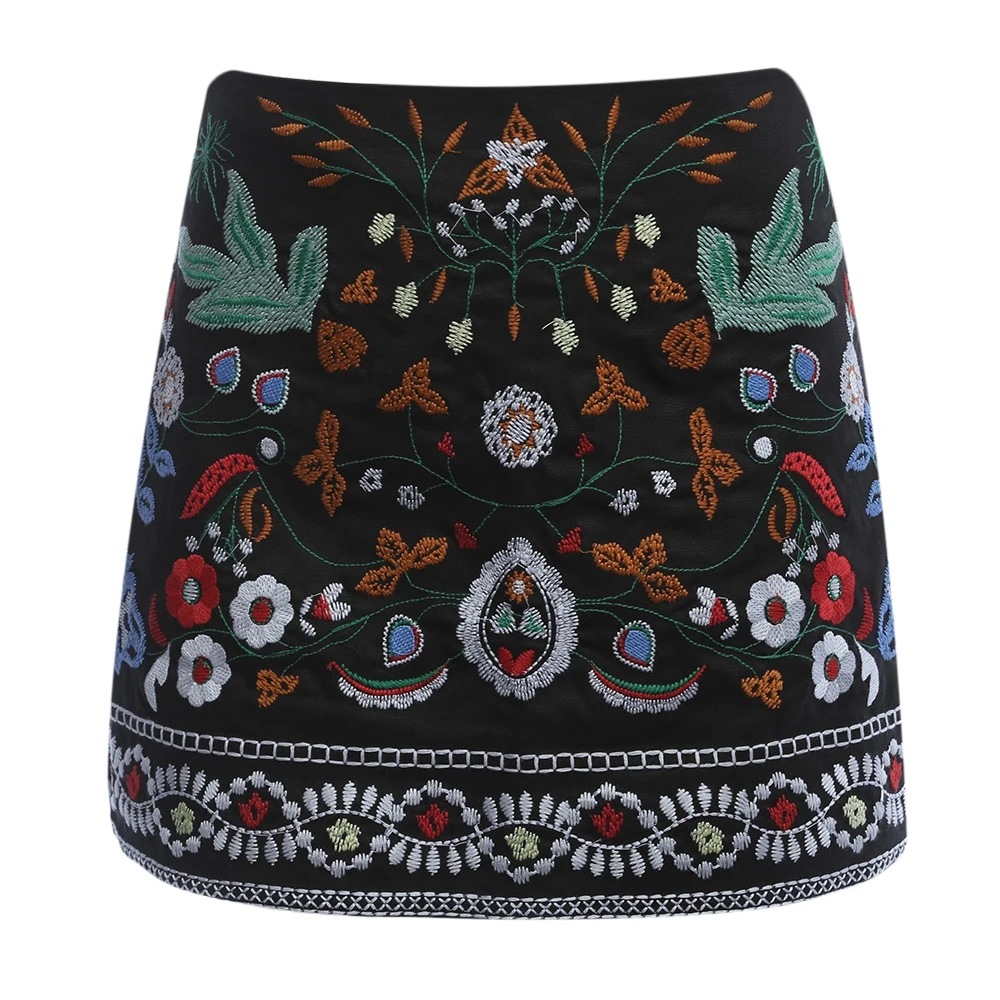 JOYINPARTY юбка с вышивкой Винтаж карандаш короткие юбки Для женщин s Высокая талия черный Boho мини Повседневное цветочной вышивкой юбка Для женщин - Цвет: Черный