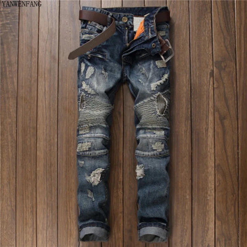 Men Hio Hop Jeans Casual Skinny Distress Fray Hole Washing Elasticity ...