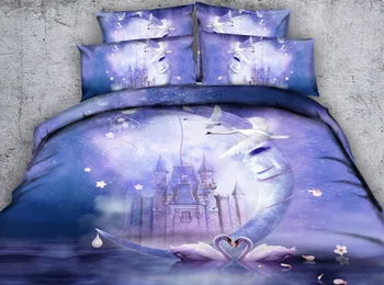 

JF-394 Fancy moon and castle printed bedding sets 4pcs ice blue duvet cover set with white swan bedlinen
