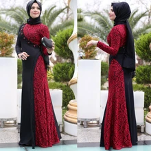 Schwarz und Rot Lange Arabische Hijab Muslimischen Abendkleider Eine Linie Spitze Perlen Langen Ärmeln Bodenlangen Abendkleider